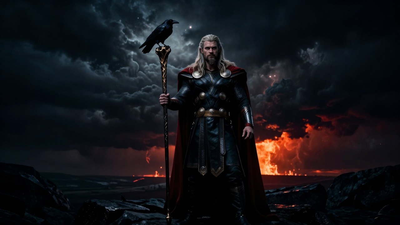 Odín, el Padre Todo, se encuentra en un paisaje nórdico desolado observando una visión de caos cósmico.