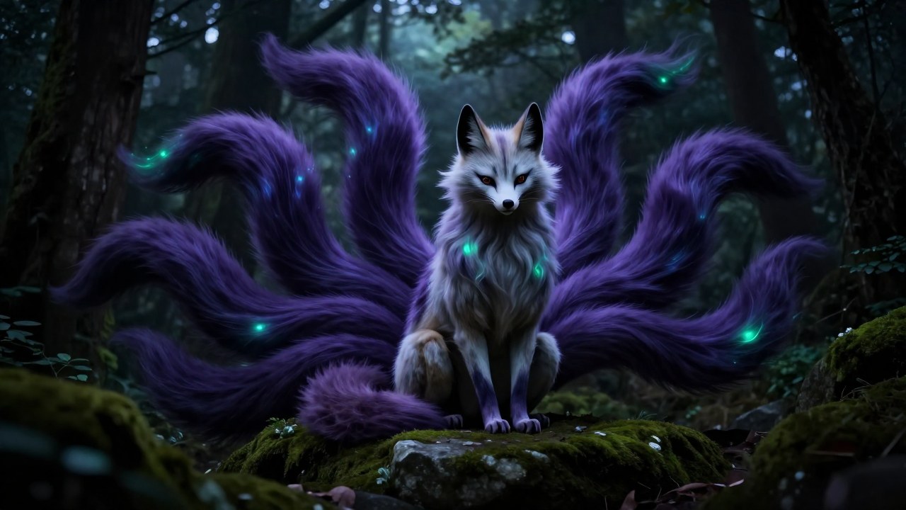 Un majestuoso Kitsune de nueve colas, con colas etéreas y brillantes, se sienta en un claro brumoso de bosque japonés.