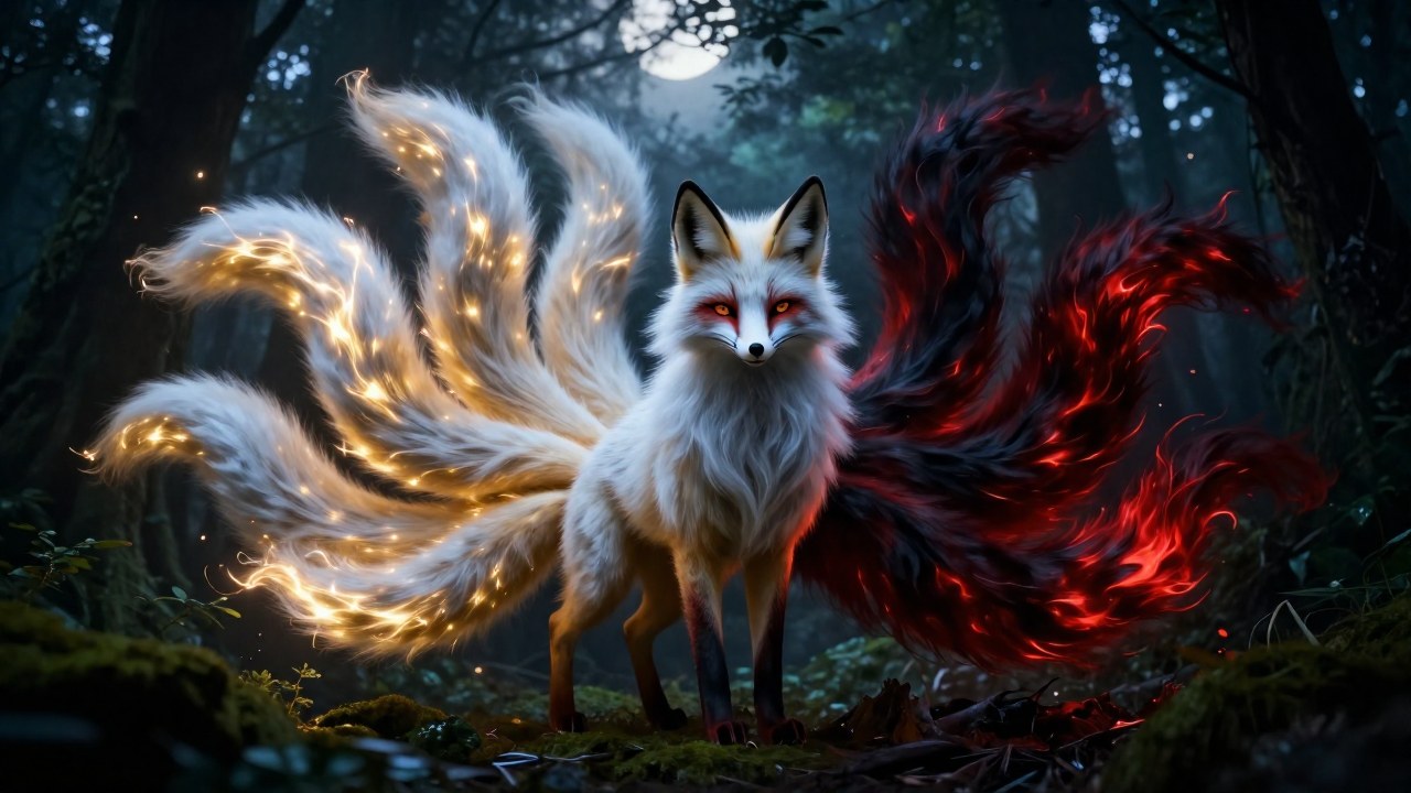 Kitsune mítico en bosque brumoso con colas que muestran dualidad: blanco y dorado contra obsidiana y rojo.