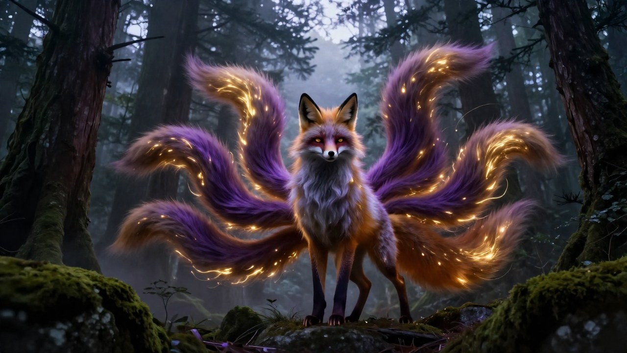 Espíritu Kitsune majestuoso de múltiples colas en un bosque japonés brumoso y místico.