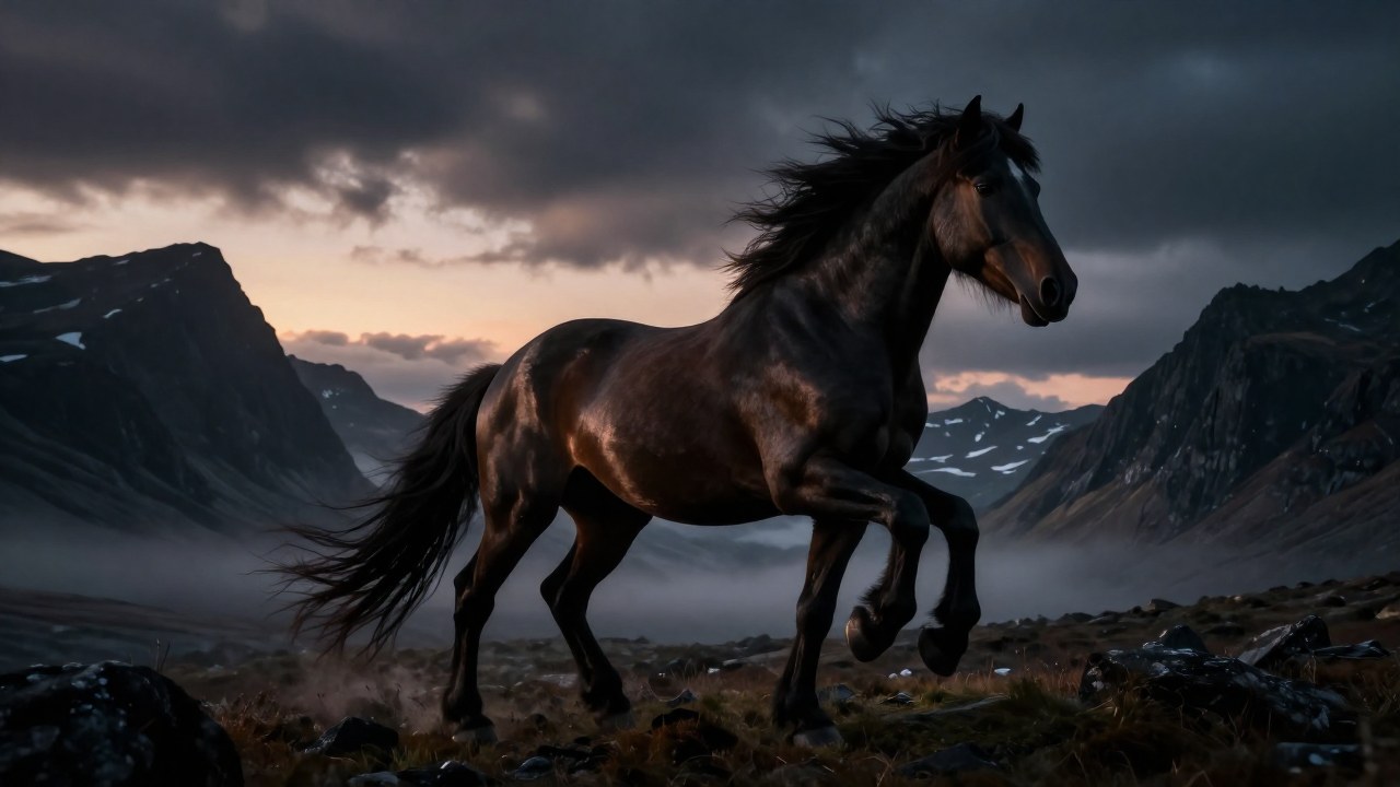 Un caballo mítico de ocho patas avanza por un paisaje de montaña nórdica al anochecer.