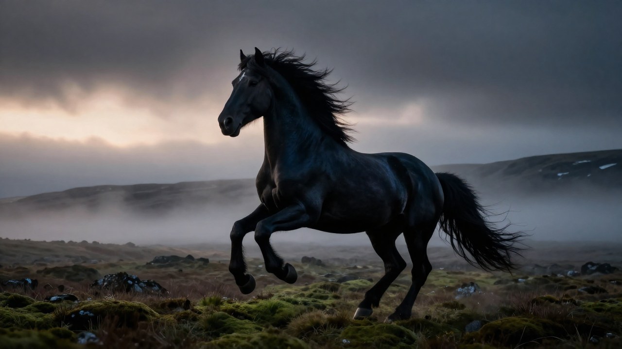 El caballo legendario Sleipnir galopa poderosamente sobre un paisaje nórdico brumoso al amanecer.