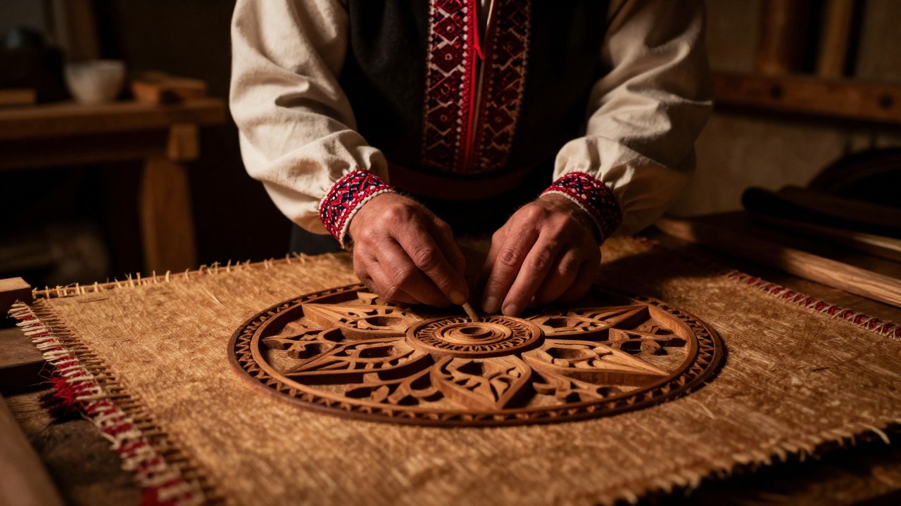 Artesano tradicional trabajando meticulosamente en un detallado diseño Kolovrat en madera o textil.