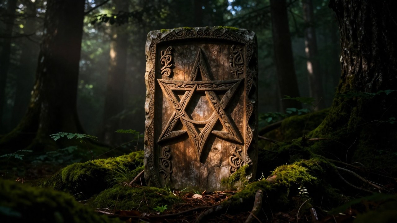 Antiguo artefacto tallado con el símbolo Kolovrat en un bosque místico y cubierto de musgo.