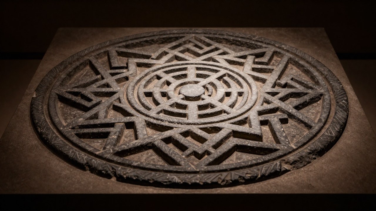 Detalle de un intrincado patrón Kolovrat eslavo antiguo grabado en piedra desgastada.