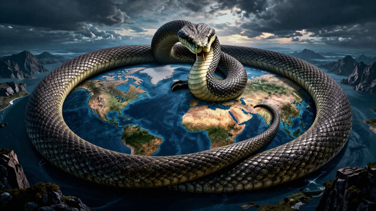 Una serpiente ancestral colosal envuelve un vasto paisaje continental montañoso.