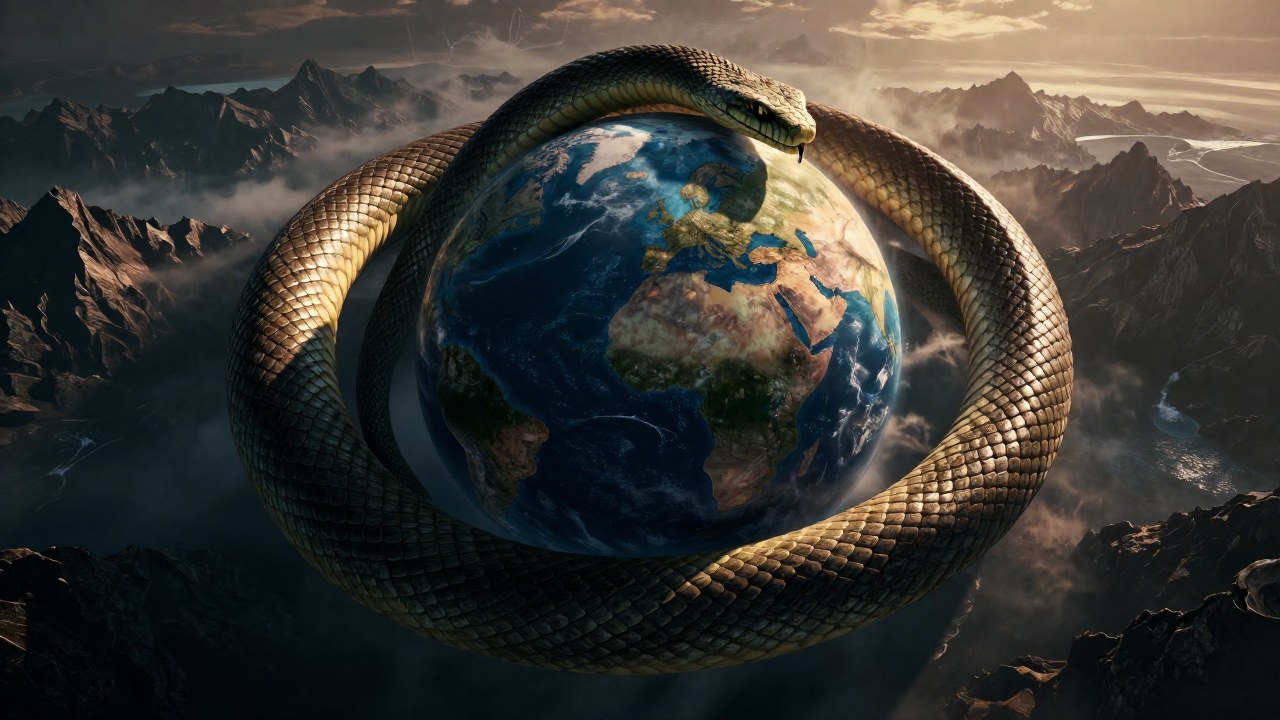 Una gigantesca serpiente primordial rodea un mundo esférico, mostrando océanos, montañas y una atmósfera brumosa.