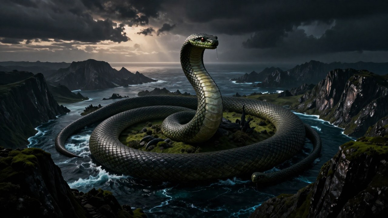 Una serpiente colosal se enrosca alrededor de un vasto paisaje elemental, simbolizando el ciclo de Midgard.