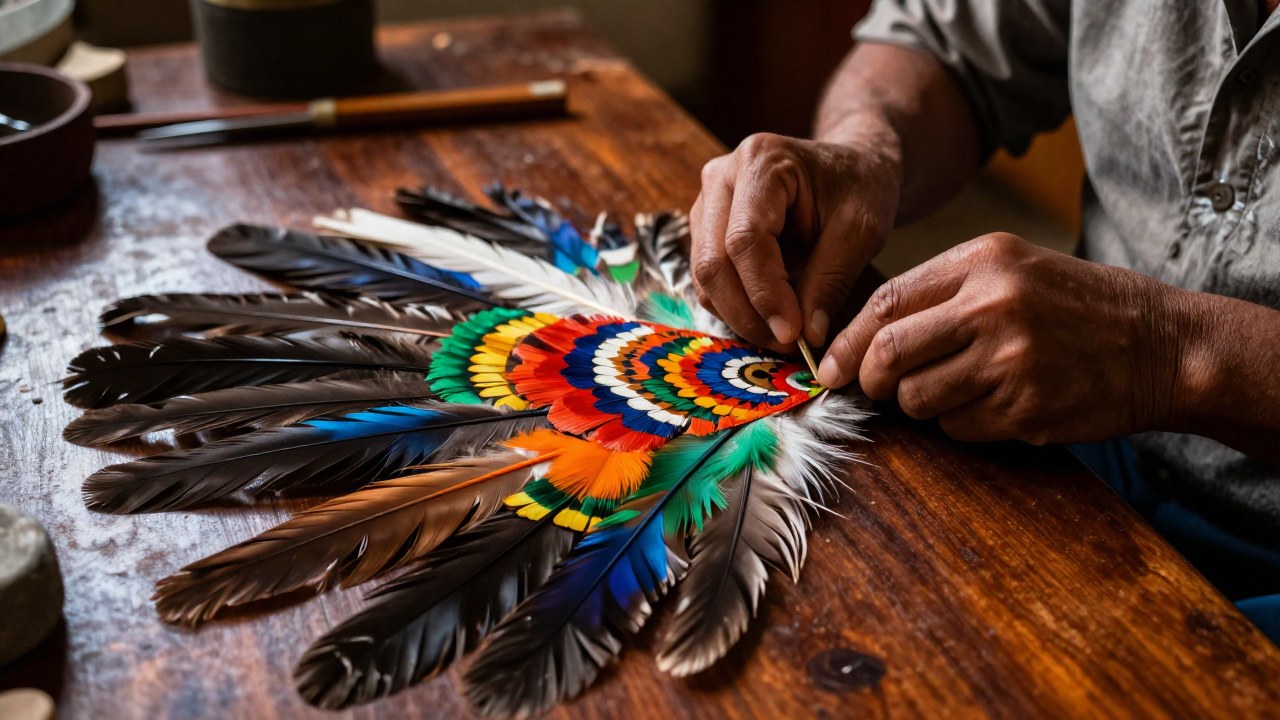 Manos ensamblando meticulosamente plumas vibrantes en la creación de un artefacto ceremonial Mexica.