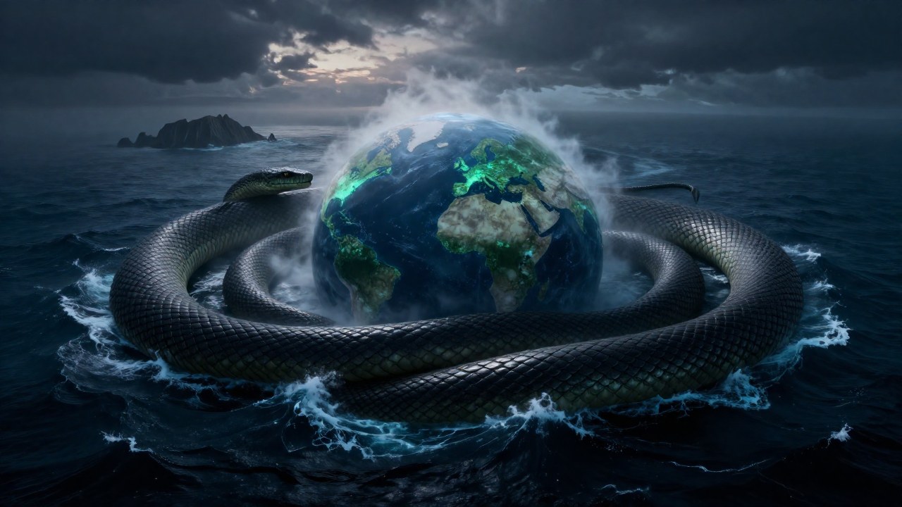 La enorme serpiente Midgard, Jörmungandr, rodea la curvatura de un mundo oceánico.