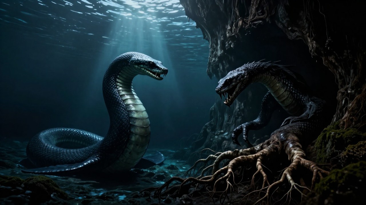 Serpientes primordiales que contrastan el océano infinito con el reino subterráneo de las raíces.