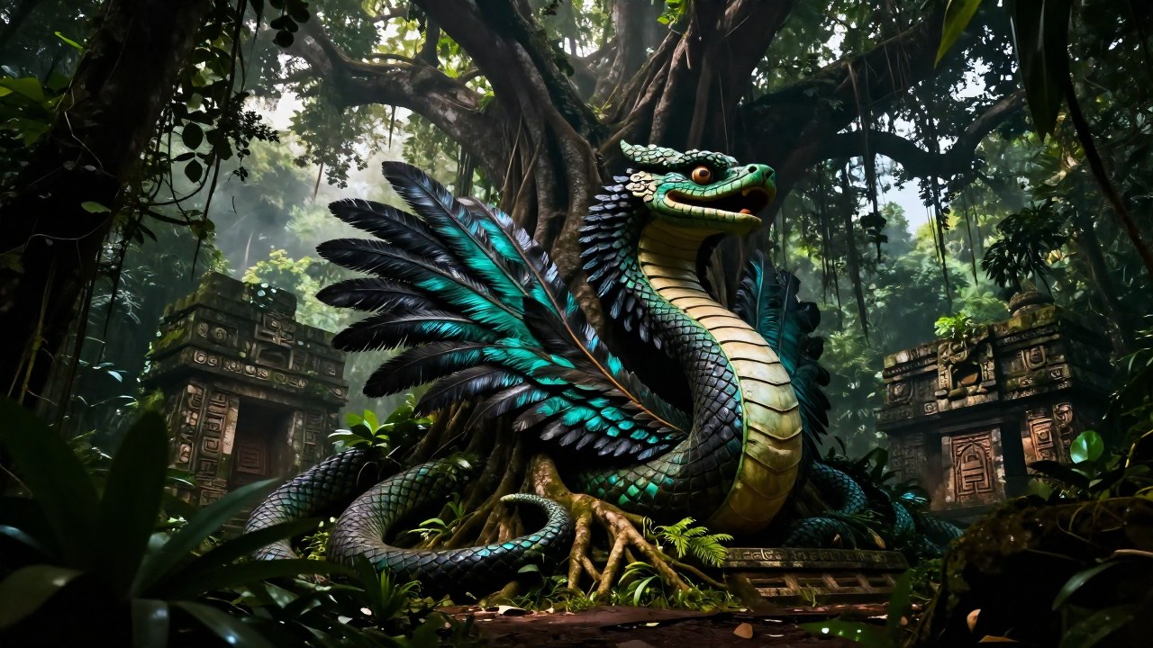 Quetzalcóatl, la serpiente emplumada, aparece como una presencia mitológica en la densa jungla mesoamericana.