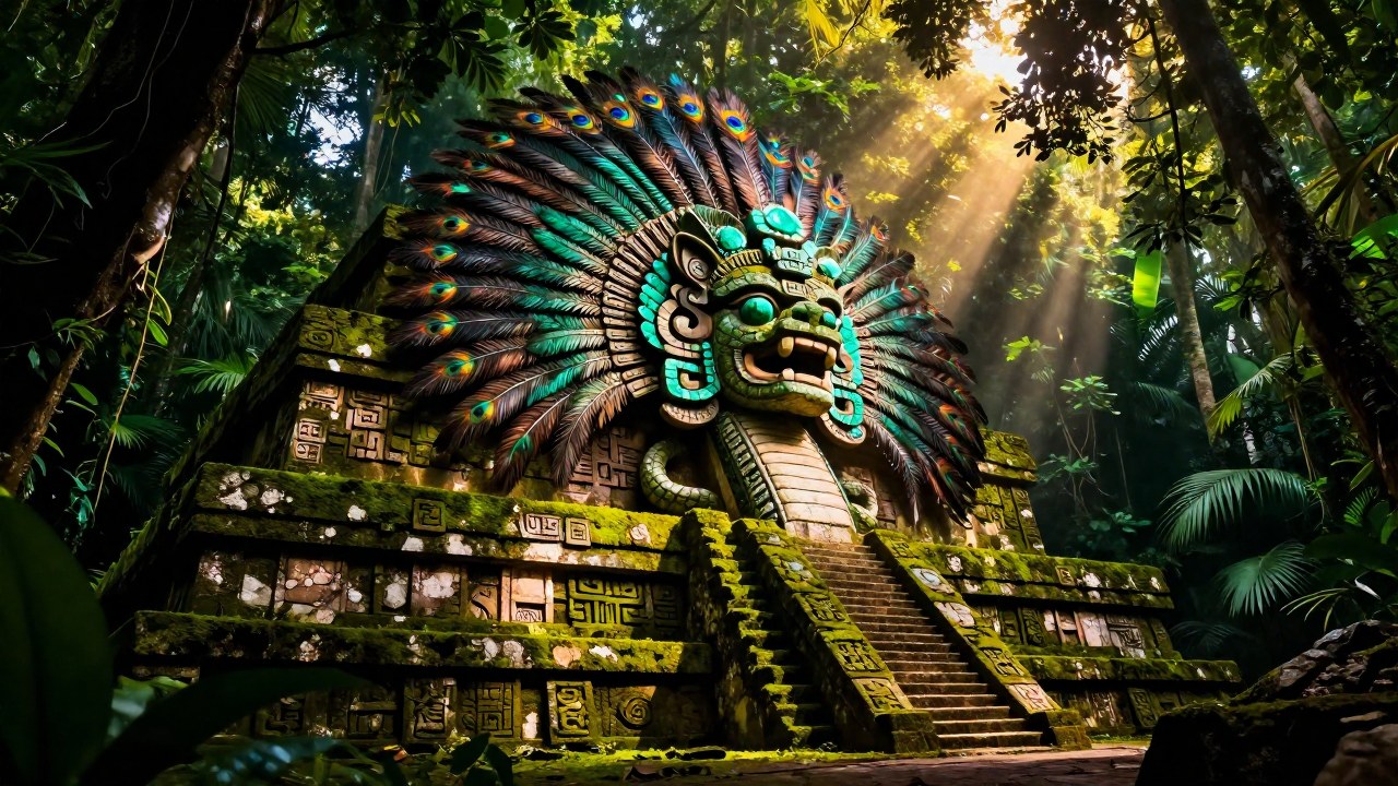 Serpiente emplumada monumental emerge de ruinas mesoamericanas cubiertas de vegetación densa.