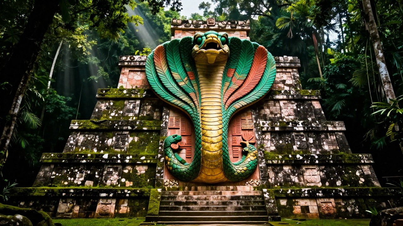 Representación monumental de Kukulkán, el Serpiente Emplumado, en la fachada de una pirámide mesoamericana.