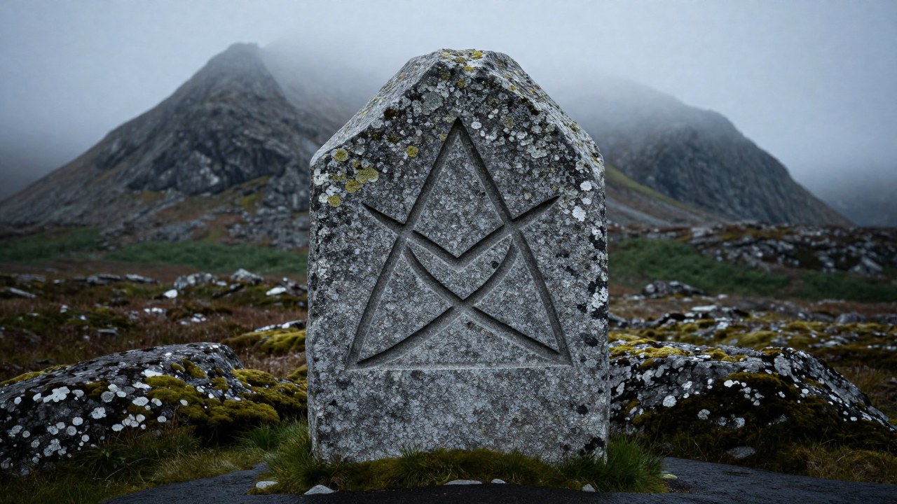 Piedra rúnica con el símbolo Valknut tallado en un paisaje nórdico brumoso.