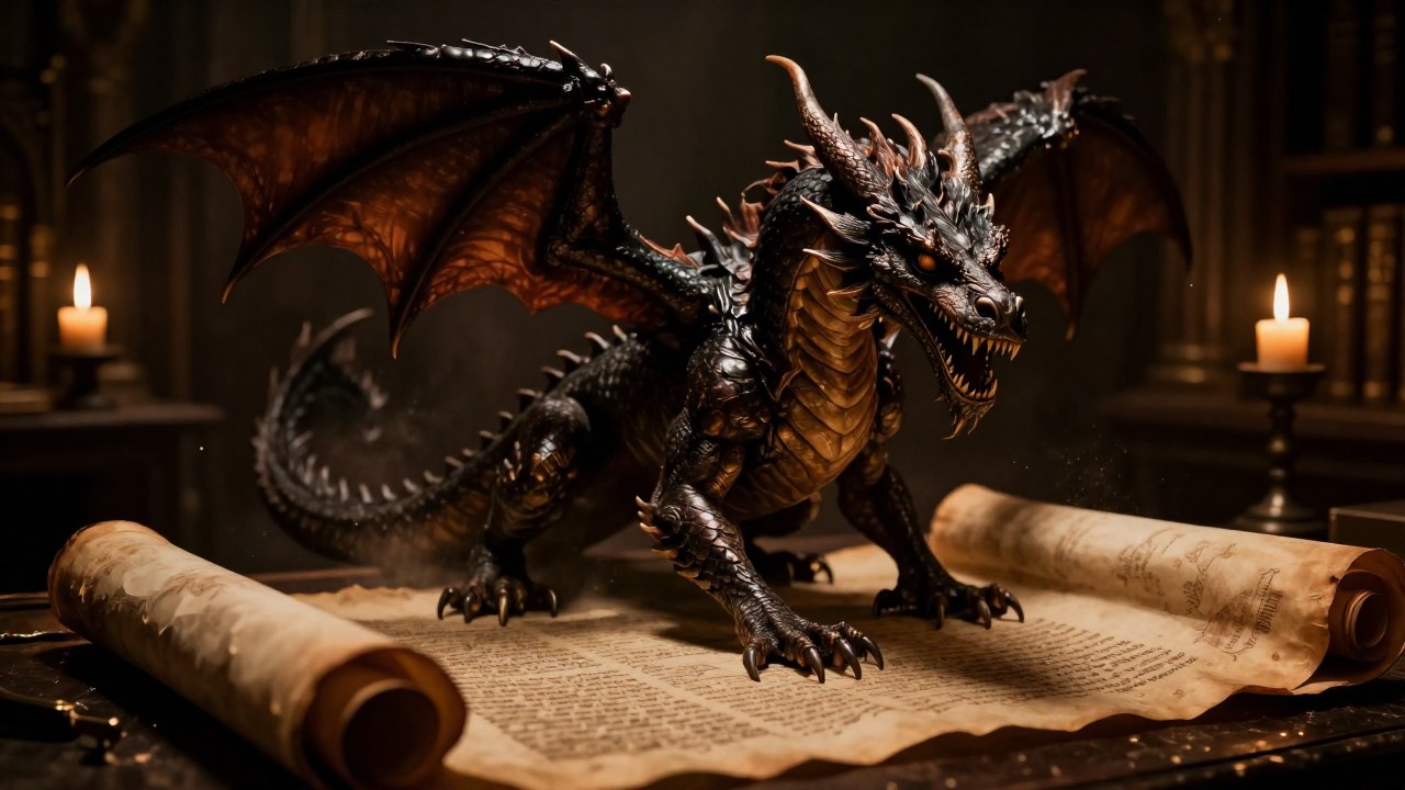 El dragón Zmey Gorynych, colosal y de múltiples cabezas, surge de un antiguo manuscrito de pergamino.