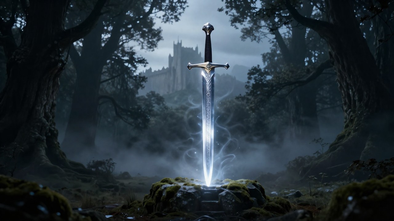 La espada Excalibur, brillante y mística, descansa en un paisaje forestal desolado y brumoso.