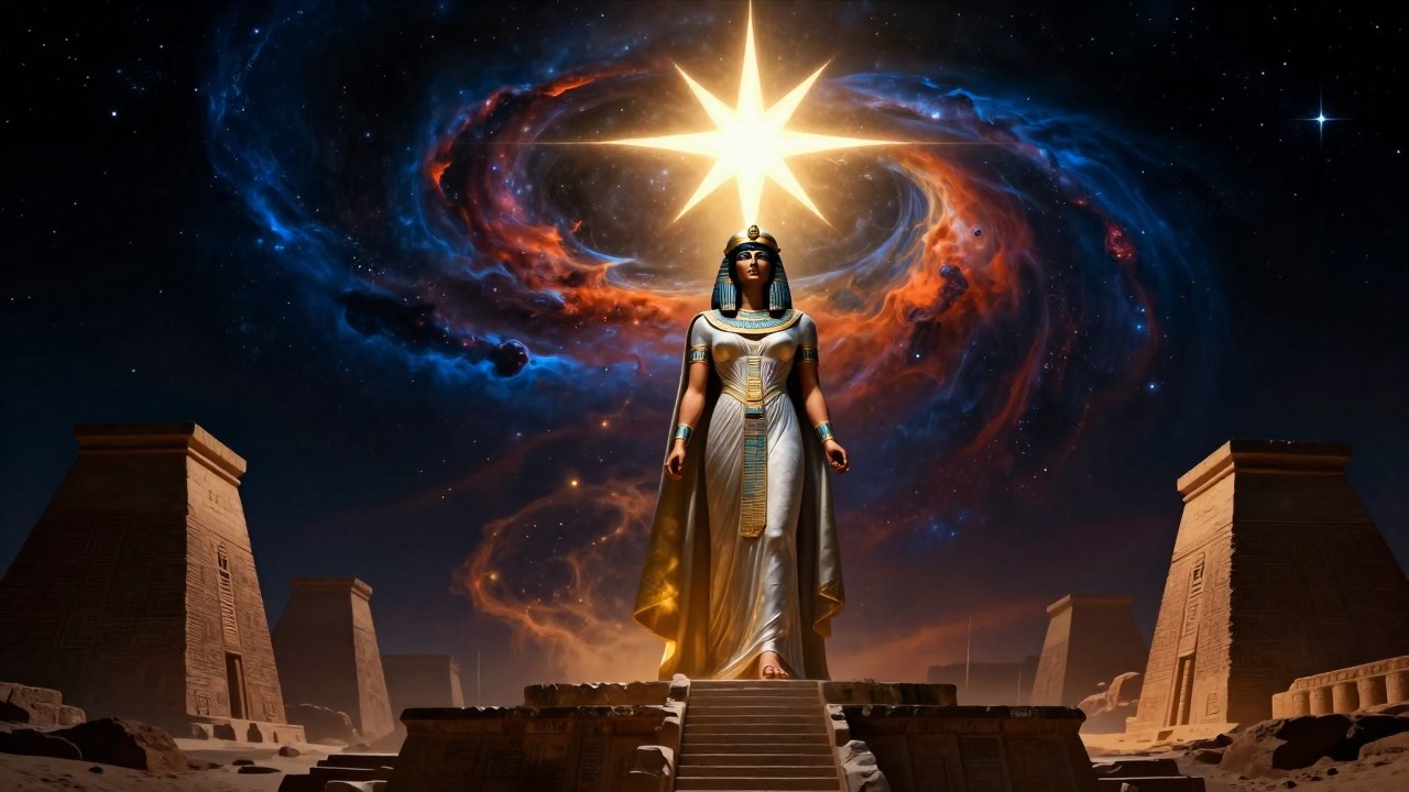 Representación de la diosa Ishtar emergiendo de un vasto cielo nocturno mesopotámico.