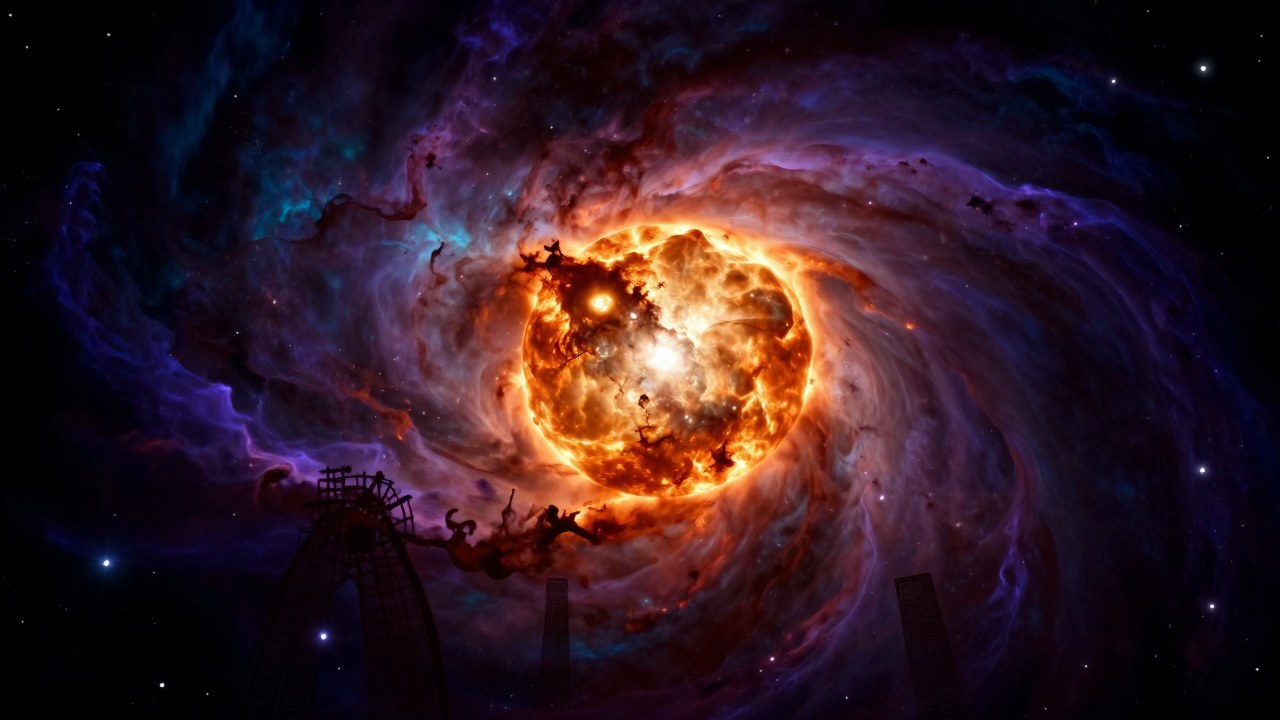 Núcleo estelar brillante emerge de la nebulosa, con siluetas oscuras que sugieren observación histórica.