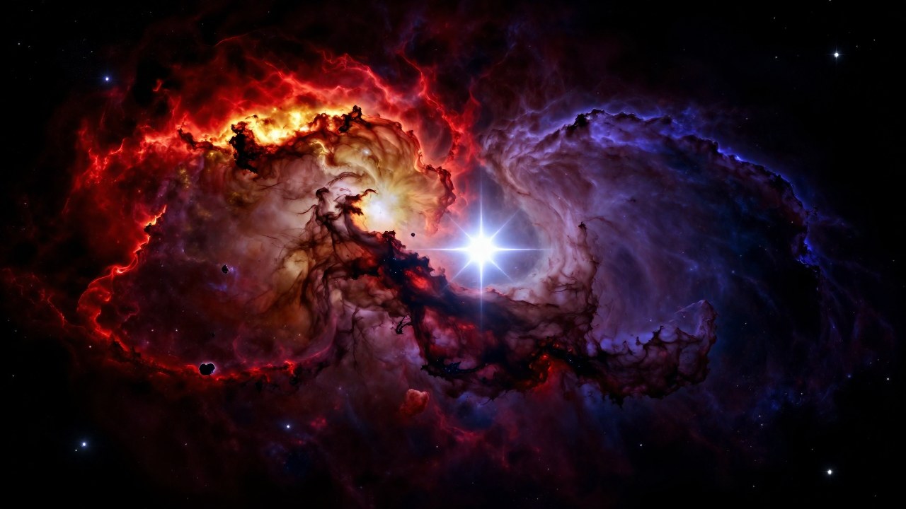Nebulosa cósmica dividida en dos mitades contrastantes: fuego brillante y sombras profundas que simbolizan vida y vacío.