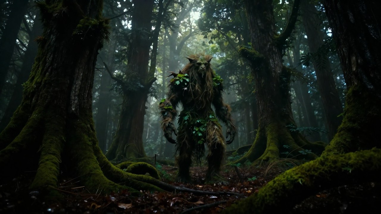 Un Leshii, el espíritu guardián, se encuentra en un bosque antiguo, fusionado con la naturaleza.