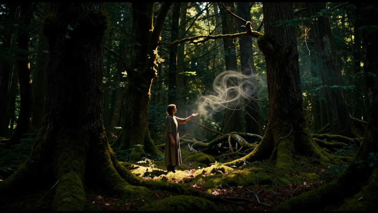 Una figura en un bosque interactúa reverentemente con la manifestación de un espíritu forestal.