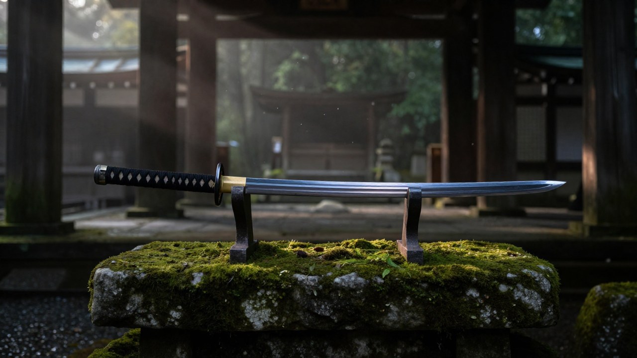 Espada japonesa sobre un pedestal de piedra en las ruinas de un santuario Shinto.