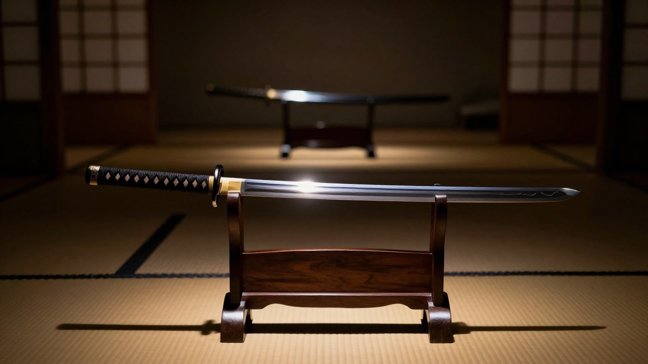 Katana japonesa sobre un soporte de madera en una galería de museo tradicional.