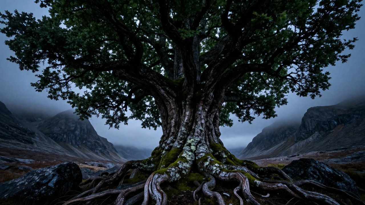 Árbol colosal de tronco nudoso y follaje denso en un valle montañoso y neblinoso.