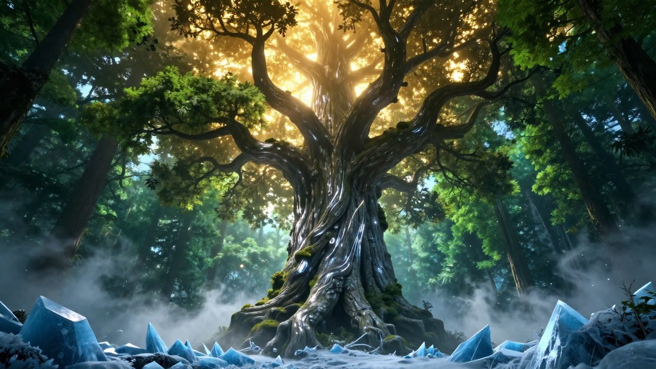 El árbol mitológico Yggdrasil con base helada, tronco boscoso y copa celestial dorada.
