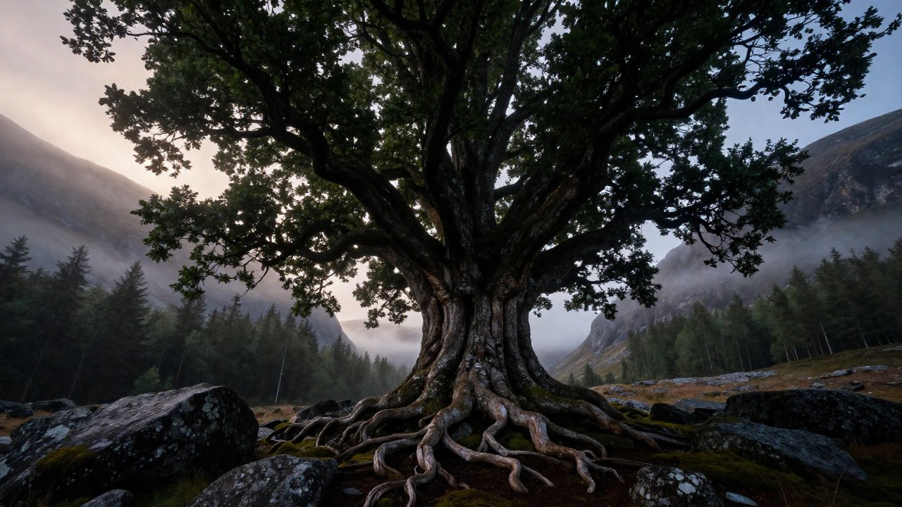 Árbol colosal inspirado en el mito de Yggdrasil en un valle nórdico bajo la niebla.
