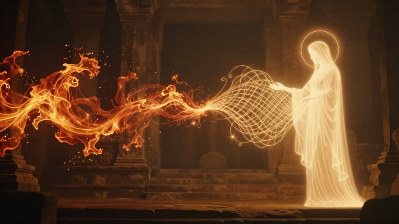 Transición de energía espiritual, desde el fuego elemental primario hasta un patrón luminoso y sagrado.