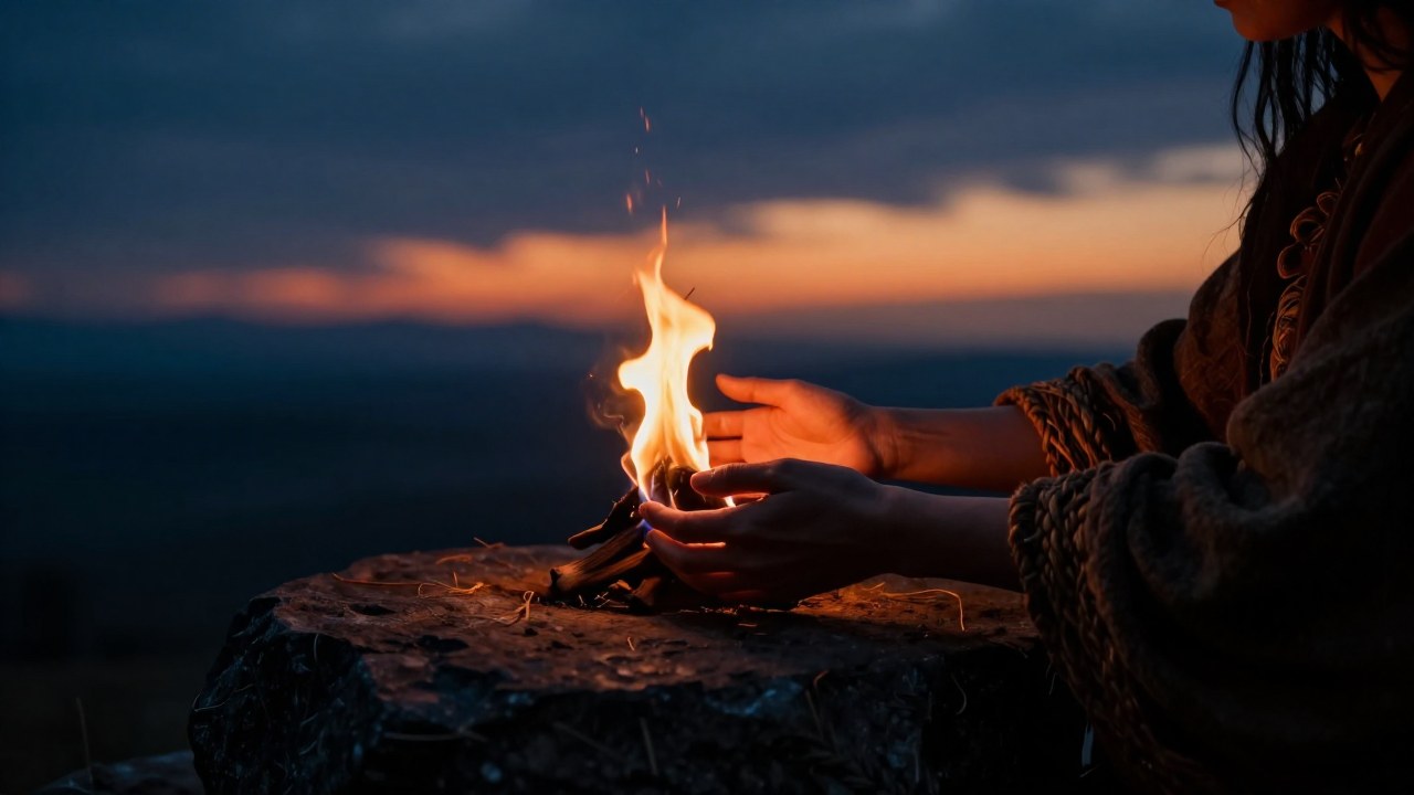 Una figura contempla mientras cuida una pequeña llama, simbolizando la transición entre formas espirituales.