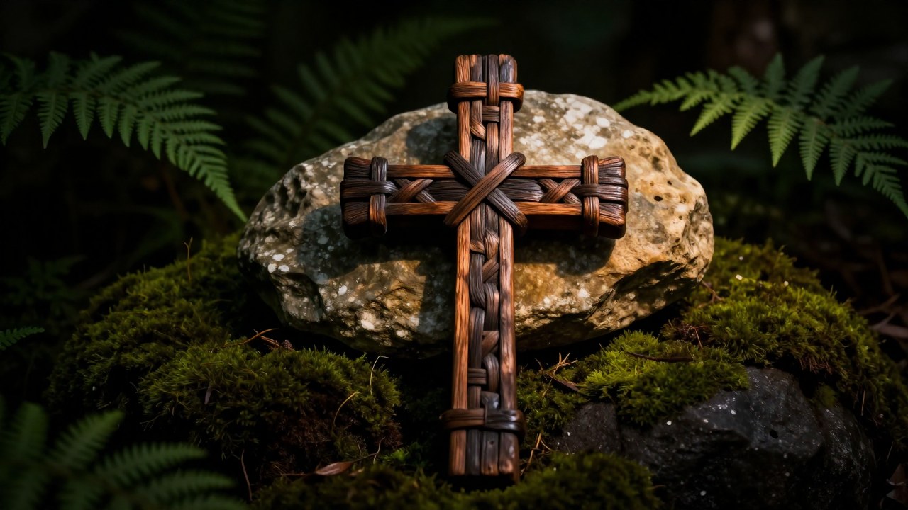 Cruz Brigid artesanal de madera oscura y piedra sobre tierra musgosa, simbolizando continuidad y fe.