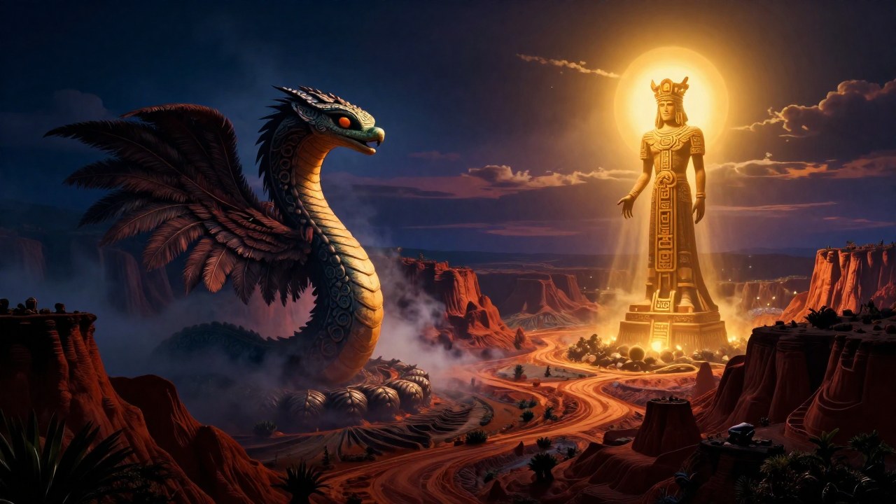 Serpiente emplumada y figura imponente en un paisaje primordial simbolizando creación y retirada.