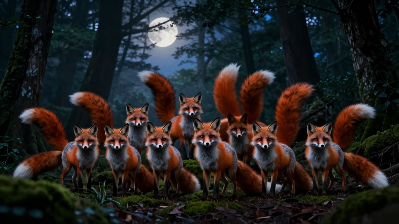 Kitsune reunidos en un bosque brumoso al anochecer, mostrando la jerarquía por el número de colas.