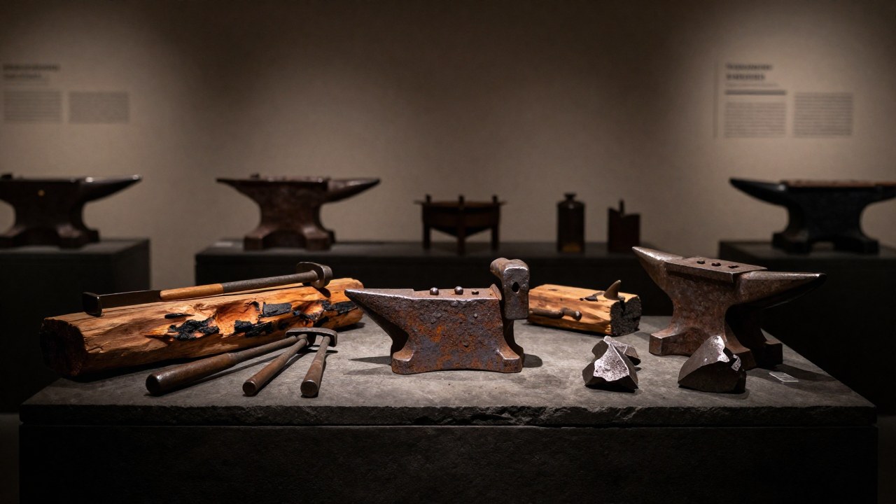 Exhibición arqueológica de herramientas y fragmentos de herrería vikinga sobre un pedestal de piedra.