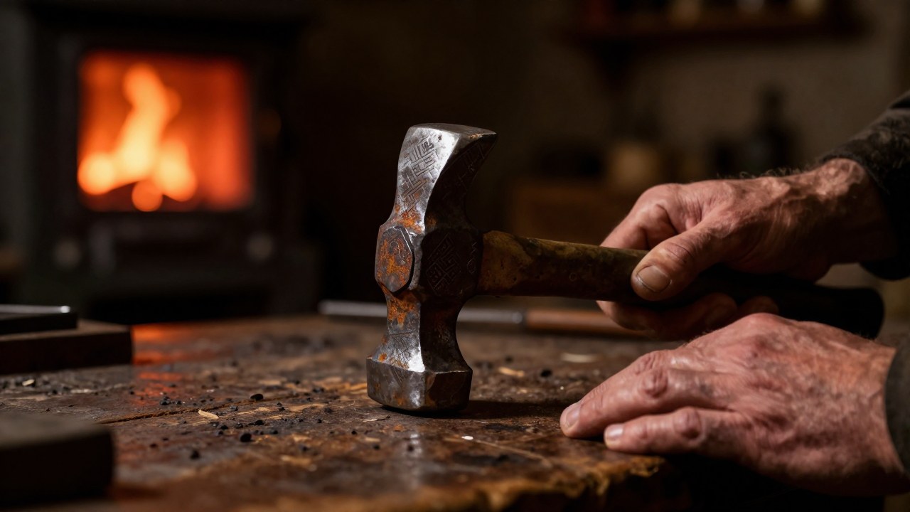 Manos de un arqueólogo examinan una cabeza de martillo de hierro oxidado en un taller.