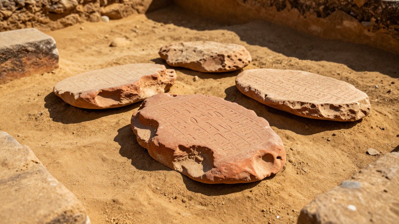 Fragmentos de tablillas de arcilla antiguas con escritura abstracta, descubiertos en una excavación arqueológica.