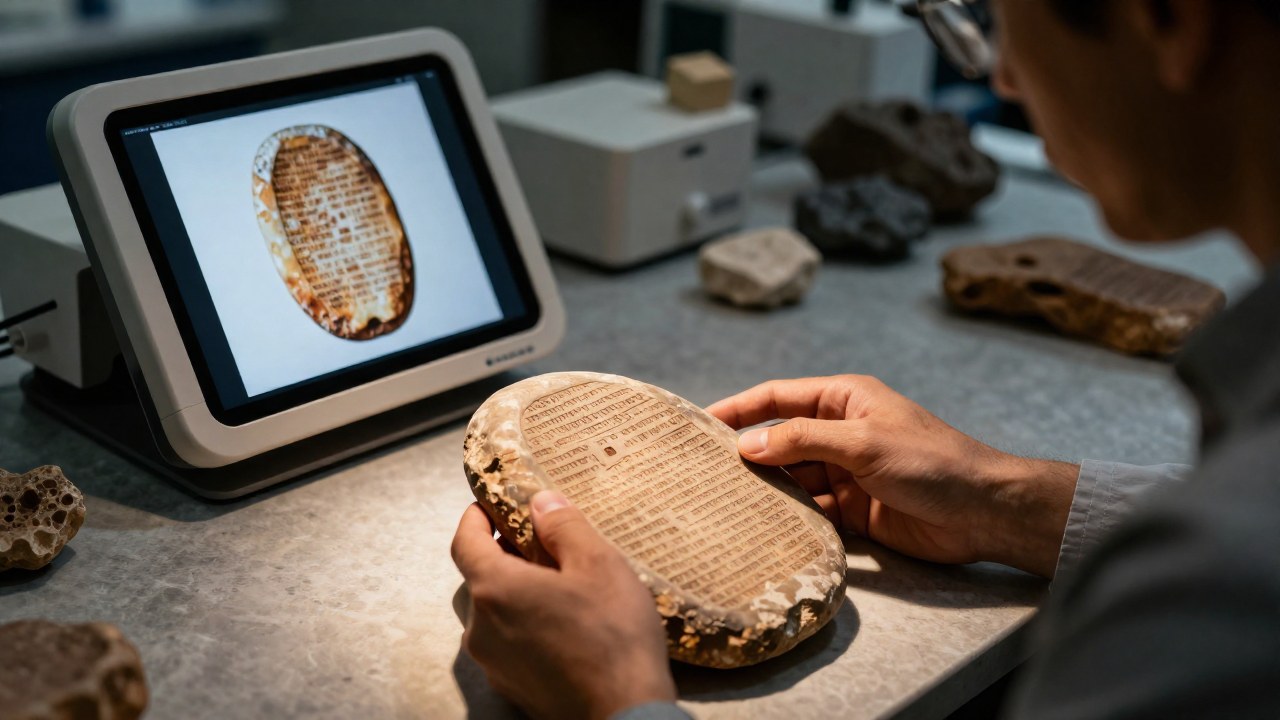 Paleógrafo examinando un fragmento de tablet de arcilla antigua en una mesa de laboratorio arqueológico.