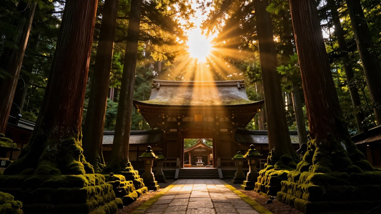 Santuario japonés ancestral en un bosque frondoso, bañado por la luz dorada del sol que atraviesa el dosel.