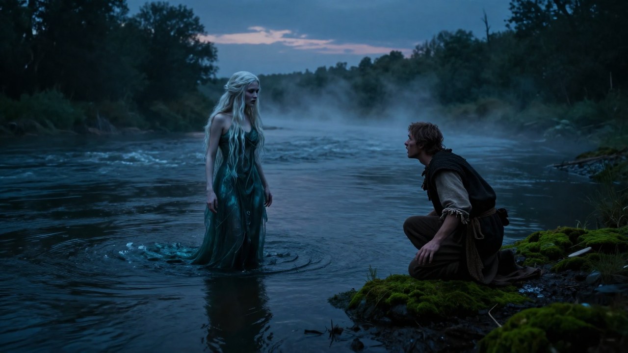 Rusalka, espíritu acuático, atrae a un hombre hacia la orilla del río en la penumbra.