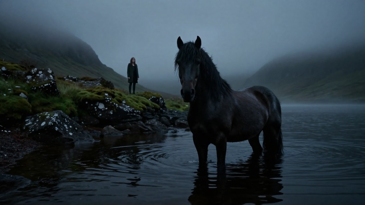 Caballo negro en un lago neblinoso frente a una persona en la orilla de rocas.