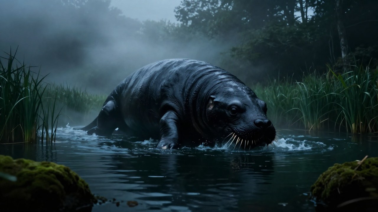 Criatura mitológica colosal con piel mojada emerge lentamente de las aguas oscuras de un río ancestral.