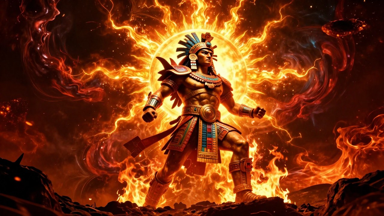 Huitzilopochtli, dios azteca de la guerra, combate con energía solar contra fuerzas cósmicas.