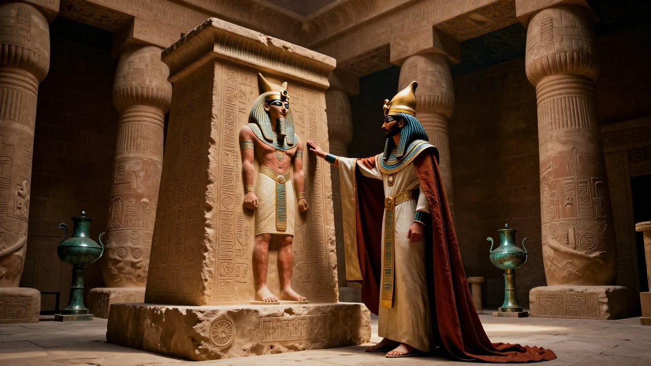 Monarca babilonio realiza un rito simbólico ante una figura de Marduk en un templo antiguo.