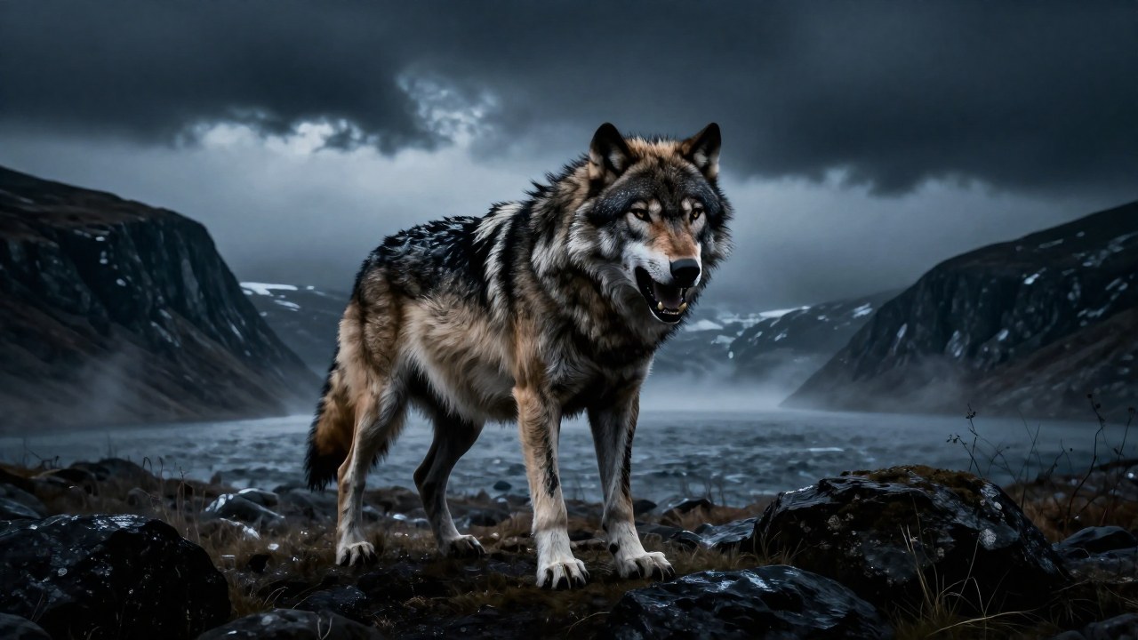 Lobo nórdico colosal con expresión salvaje en un paisaje montañoso y agreste bajo un cielo tormentoso.