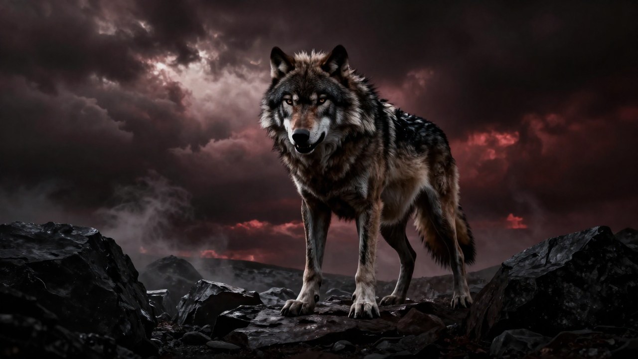Lobo imponente y poderoso en un paisaje desolado bajo un cielo tormentoso.
