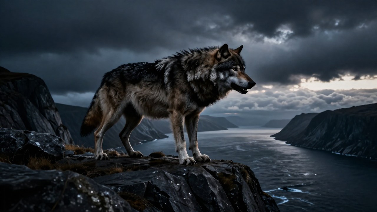 Un colosal lobo posado en un acantilado rocoso con vistas a un fiordo nórdico tempestuoso.