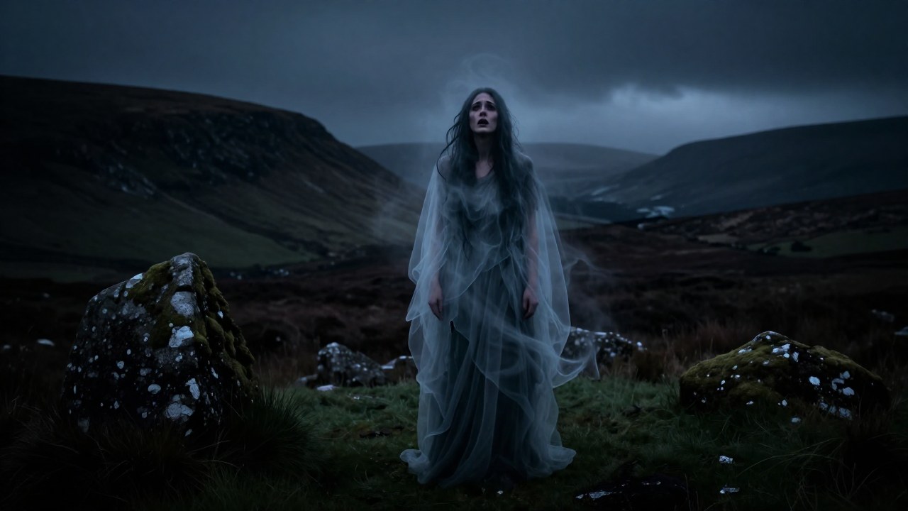 Banshee espectral de pie en un paisaje irlandés melancólico al atardecer, evocando un presagio de muerte.